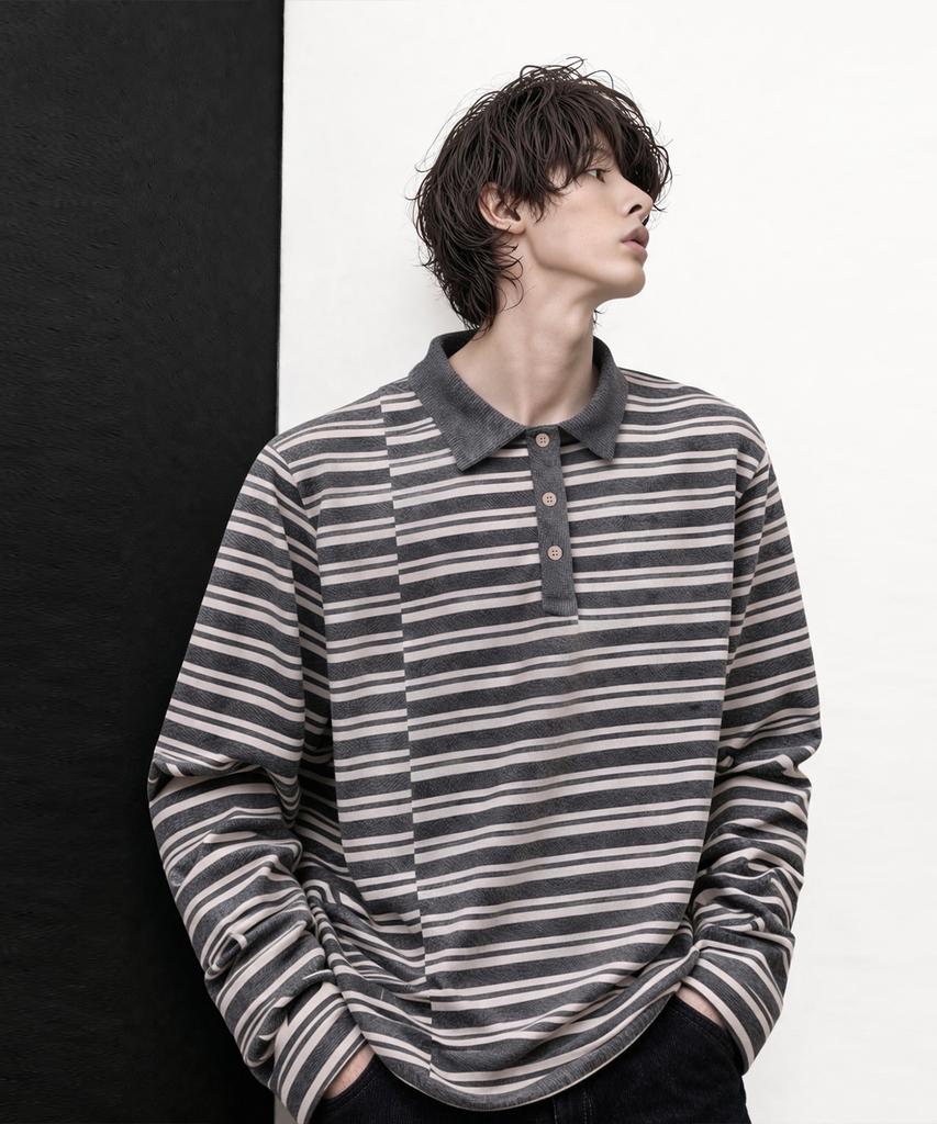 AZENDER Striped Polo Shirt Melange Gray