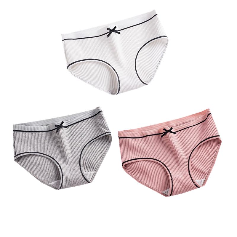 3Pcs Cotton Underwear Women Seamless Briefs Bowknot Stripes Underpants Breathable Mid-Waist Briefs for Female