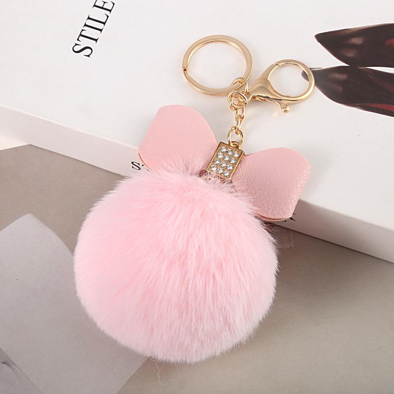 Faux Fur Pom Pom Keychain Women Girls Plush Ball Bag Backpack Pendant Creative Rhinestone Pu Leather Bow Car Keyring GiftS