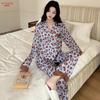 [Leopard print] Autumn and winter new ice silk pajamas women's satin leopard print casual long-sleeved loose high-end loungewear