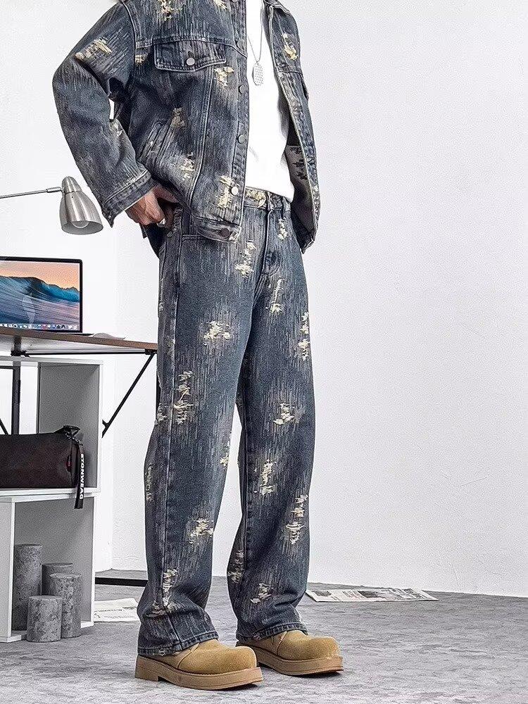 Джинсы мужские JYL Американские Тяжелый вес Винтажные Уличная мода Свободные Деним S