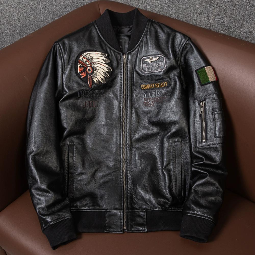 Genuine Leather Baseball Jacket Mens Indian Style Biker Coat Autumn Outerwear Large Size Pure Cowhide