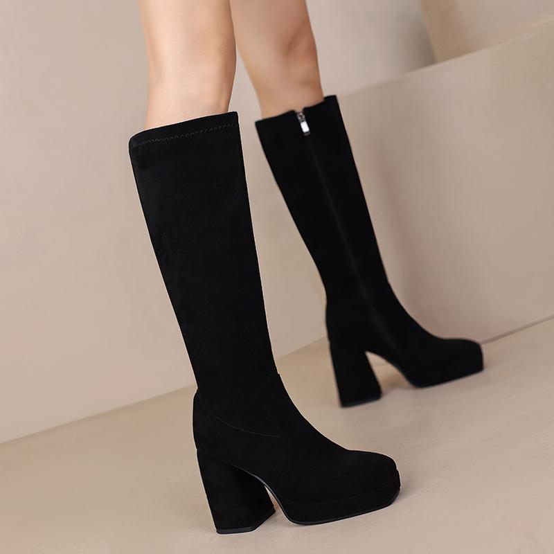 Módní Elegantní Kozačky po Koleno Dámské Boty 2024 Podzim Zima Dámské Vysoké Boty Měkký Semiš Zip Dlouhé Společenské Boty Dámské Velká Velikost 45