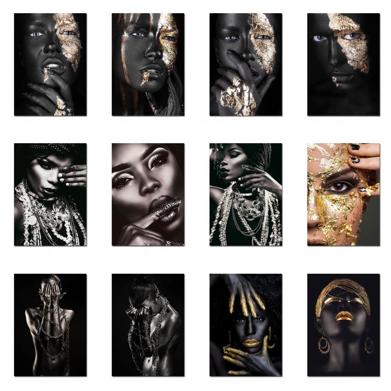 Black Gold Woman Canvas Painting African Women Poster and Prints Scandinavian Wall Art Picture for Home Decor Living Room Mural
