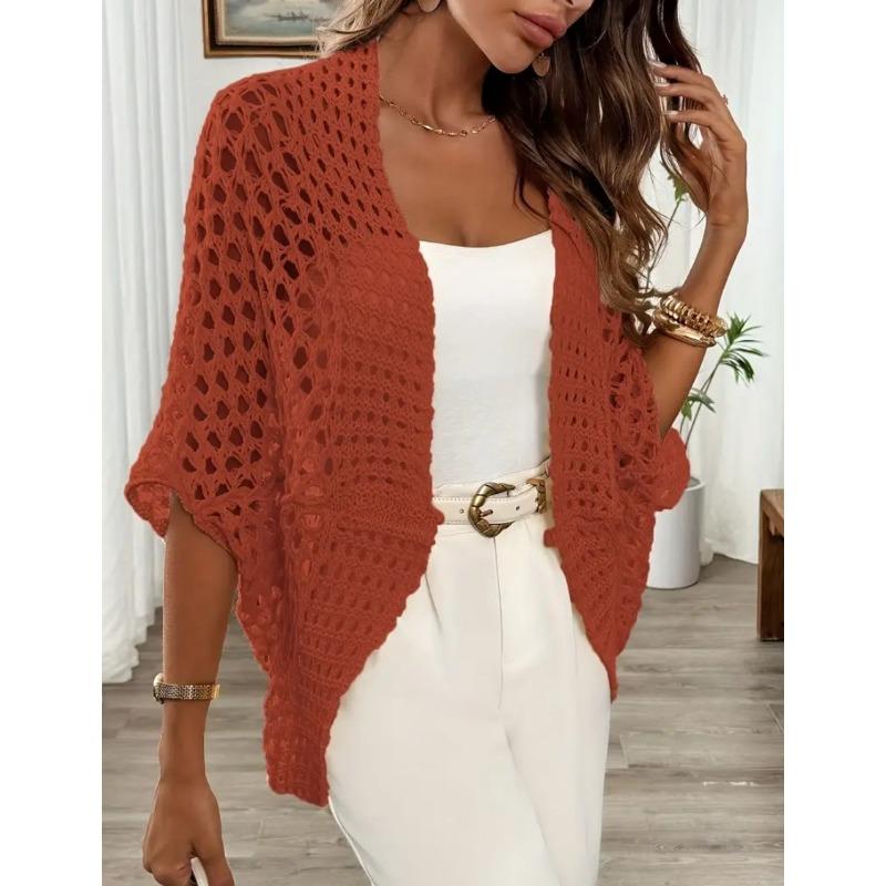 Cardigan casual da donna a maniche corte, lavorazione a maglia traforata, aperto sul davanti