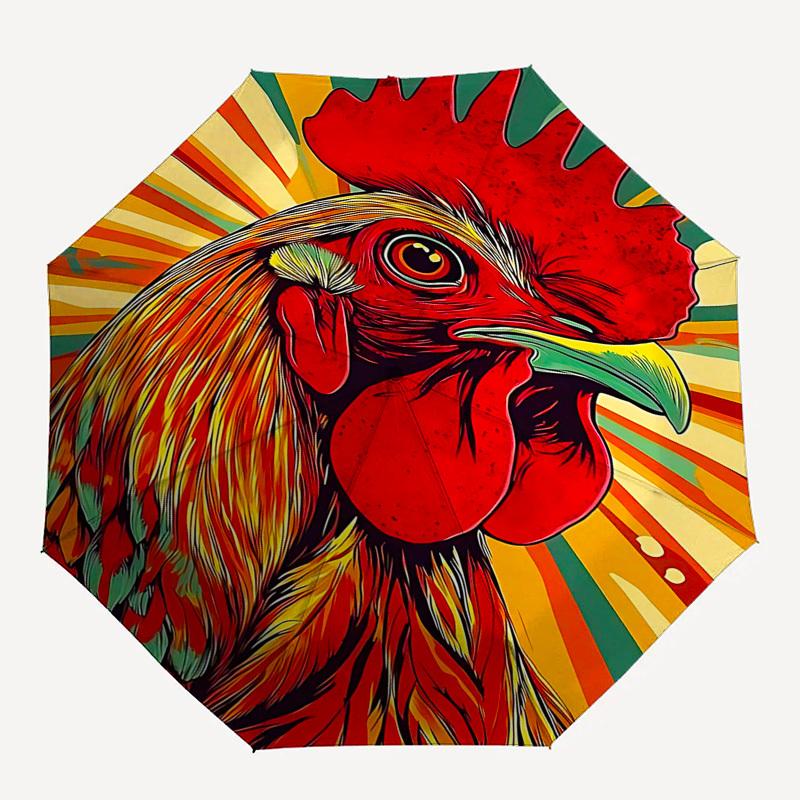 1pc Colorful Rooster Design Automatic Opening/Closing Umbrella with Foldable Design, Iron Frame, Outdoor Use, Festival Gift, Suitable for Fans, Travel