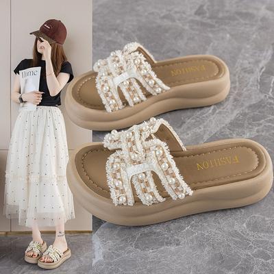 Thick-soled Slippers Women's Summer Outer Wear with Skirts 2025 New Soft-bottomed Beach Pearls Heightened One-word Cool Slippers