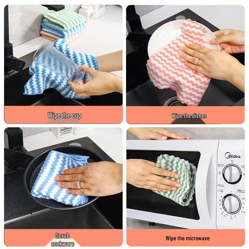 Wave Pattern Coral Fleece Kitchen Dishcloth - Absorbent, Thickened Cleaning & Scouring Pad.