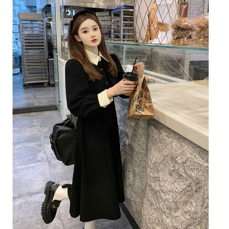 Early autumn skirt, new black French dress, women's spring and autumn dress, fake two-piece waist dress