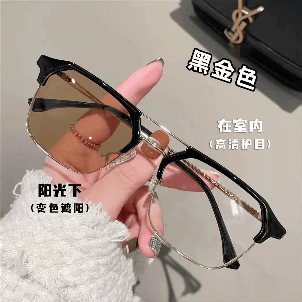 Color-changing half-frame myopia glasses, men's large frame looks thin and handsome, and flat light mirrors can be equipped with prescription lenses