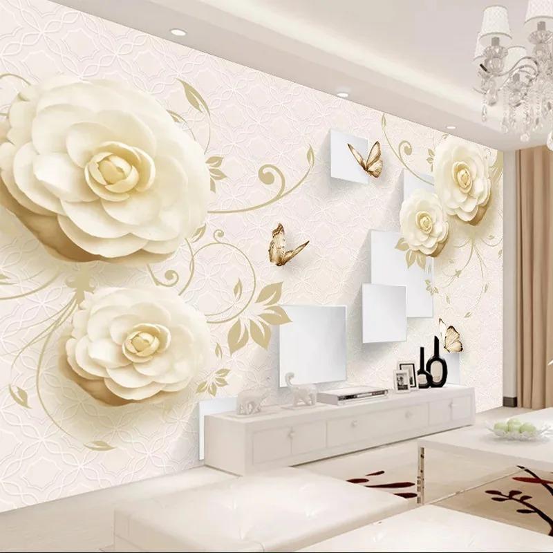 Carta da Parati Murale Moderna 3d Stereo Fiori Farfalla Soggiorno Tv Divano Camera da Letto Decor Romantico Murale