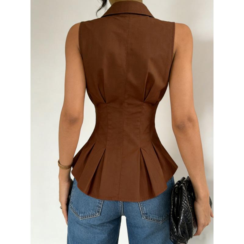 Womens Sleeveless Peplum Shirt With Collar And Button Down Detail Fitted Waist Casual Office Blouse