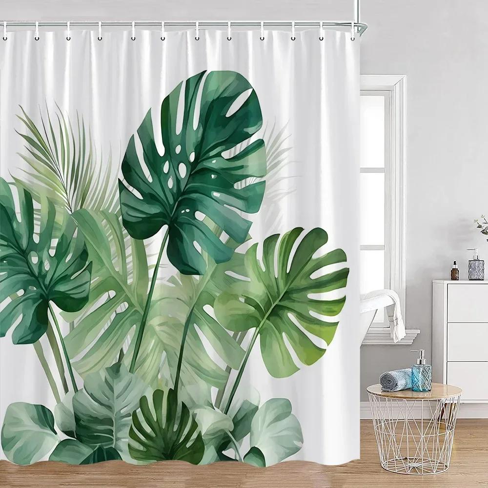 Tropical Leaves Shower Curtain Green Leaf Palm Flower Flower Bathroom Curtain Green Plant Bathroom Decoration with Hook