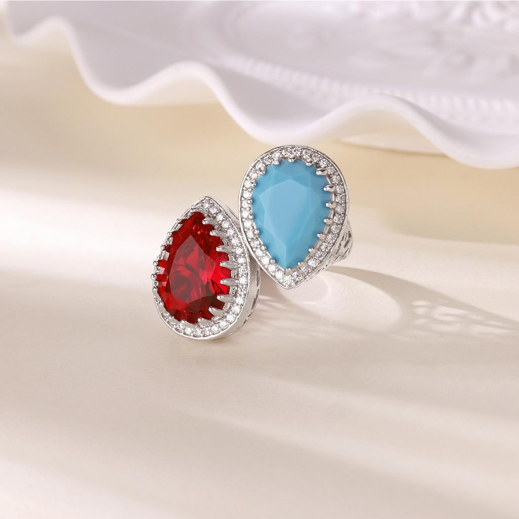 Hot-selling colored zircon double water drop ring for women's exaggerated high-end light luxury full diamond ring jewelry retro
