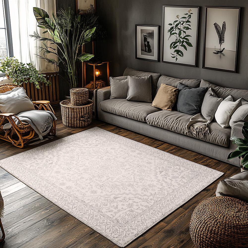 Light Bohemian Area Rug, Floral Pattern Non-Slip Carpet, Natural Living Room Mat for Cozy Home Decor