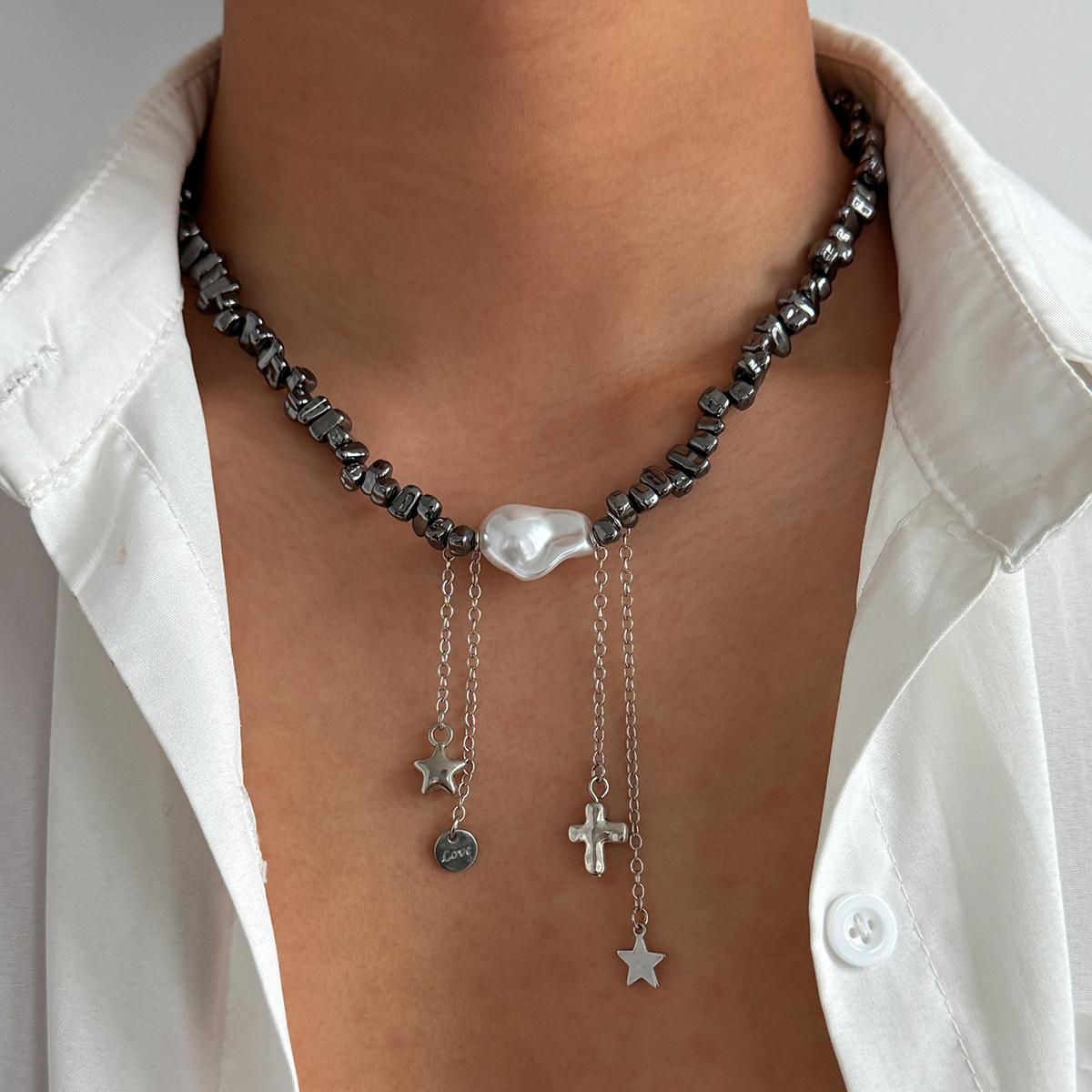 

Ingemark Fashion Imitation Pearls CCB Beaded Necklace Women Hip Hop Punk Five-pointed Star Pendant Necklace Steampunk Jewelry