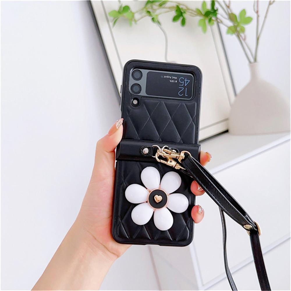 Flower Plaid Crossbody Long Chain Leather Case For Samsung Galaxy Z Flip 4 5 Case For Galaxy Z Flip 3 Cover 5G Flip