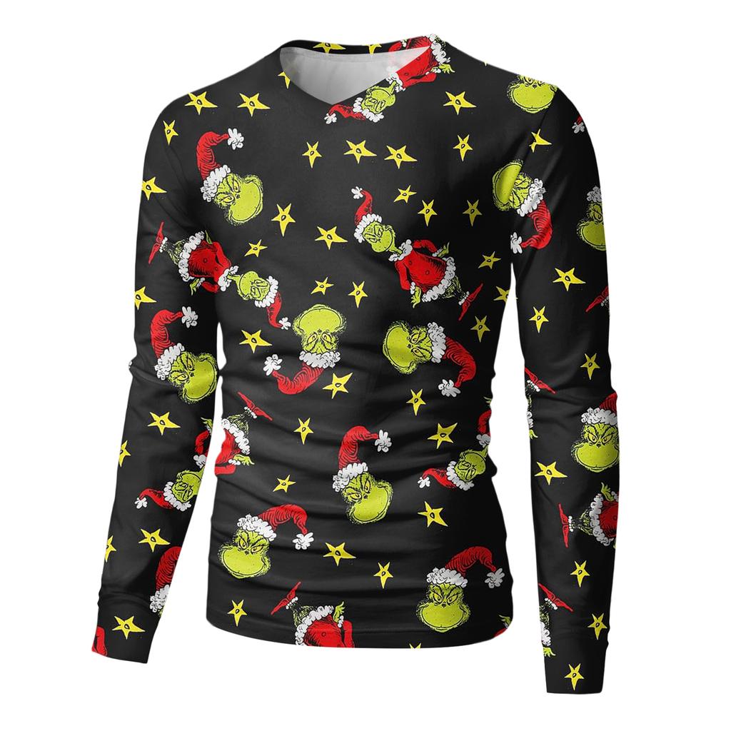 Men's Fashion Printed V-Neck Casual Long-Sleeved T-Shirt Bottoming Shirt Top