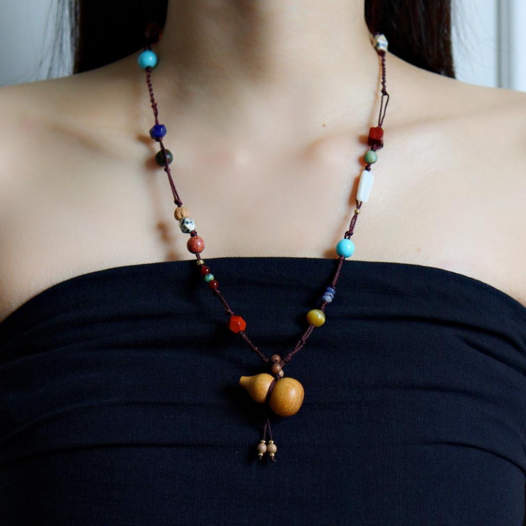 Woven Sweater Necklace for Women, Exquisite Sandalwood Gourd Turquoise Pendant Design Niche High End Autumn Winter Accessories