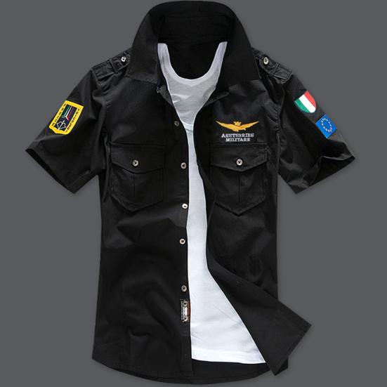 Military Men Letter Embroidery Patch Pocket Slim Button Down Short Sleeve Shirt