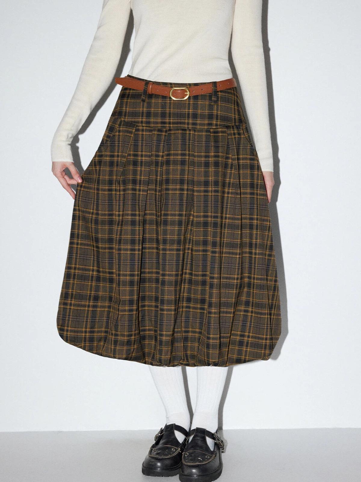 MoodBerry Women s High Waist Brown Plaid A-Line Skirt - Retro Mid-Length for Autumn/Winter Small коричневый