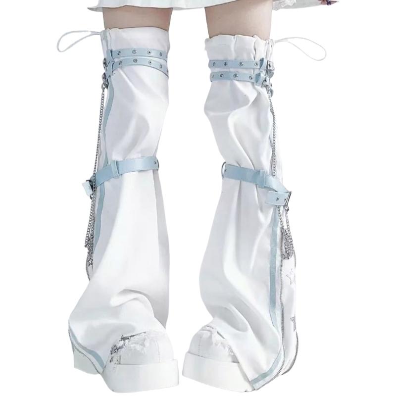 Damen Harajuku Sternenprint Reißverschluss Ausgestellter Beinwärmer Ästhetische Mode Punk PU Geschirrriemen Beinabdeckung Oberschenkelhohe Socken
