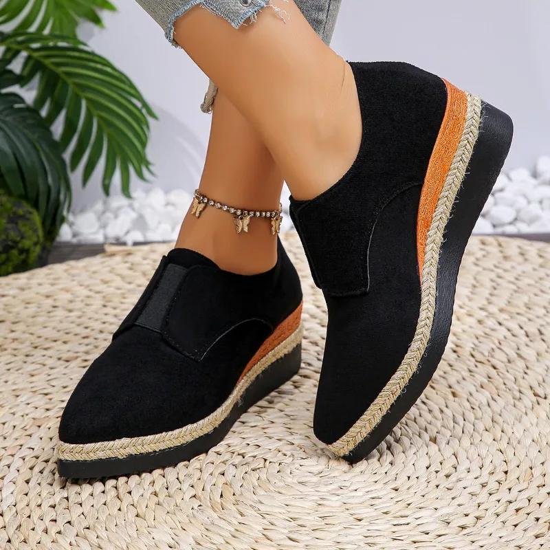 Fashion Women's Slope Heel Single Shoes Autumn New Pointed Head Suede Deep Mouth Thick Sole Anti-slip Wear-resistant Low-top Shoes