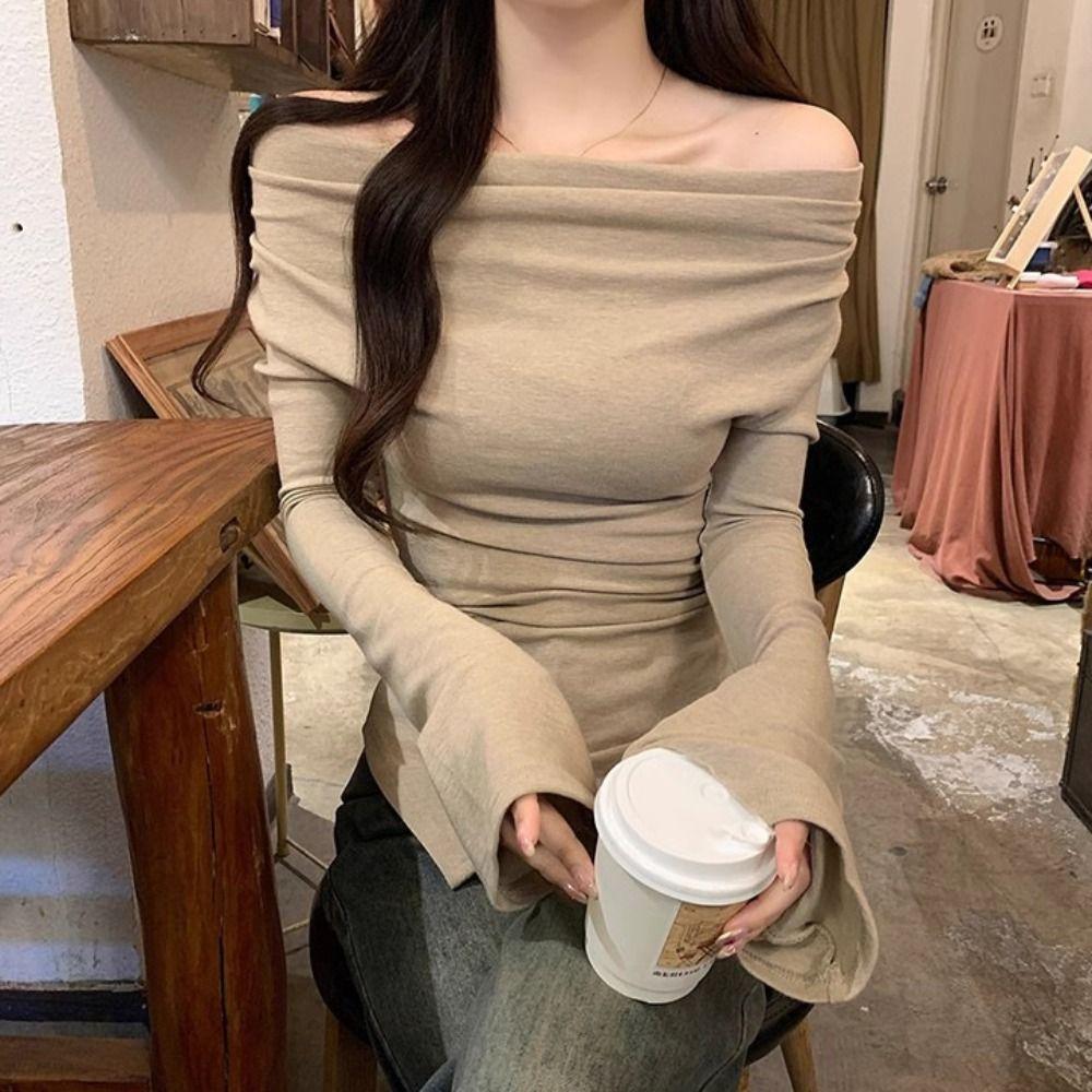 Irregular Slanted Shoulder Pullover Slim Fit T Shirts Women Y2k Fashion Long Sleeve T-shirt Spring