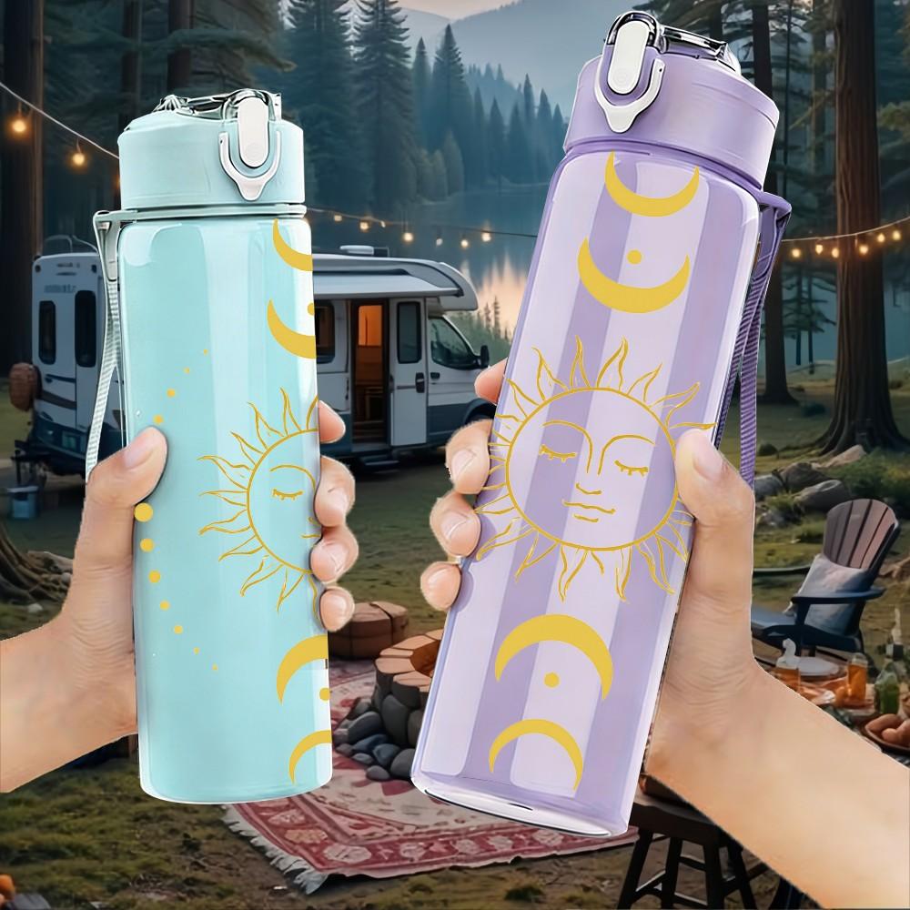 1PC Sun Moon Crescent Celestial Art Print 750ml Color Plastic Sports Water Bottle Leakproof Flip Straw Lid Suitable for Sports Office Home Use