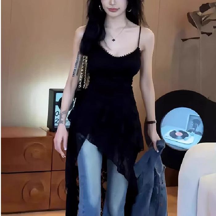 Spice Girl Irregular Lace Suspender Dress Women's 2026 Summer New Fashion Temperament Skinny Design Long Dress