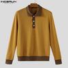 INCERUN Autumn Men Lapel Neck Long Sleeve Rib Patchwork Casual Loose Pullover Tops