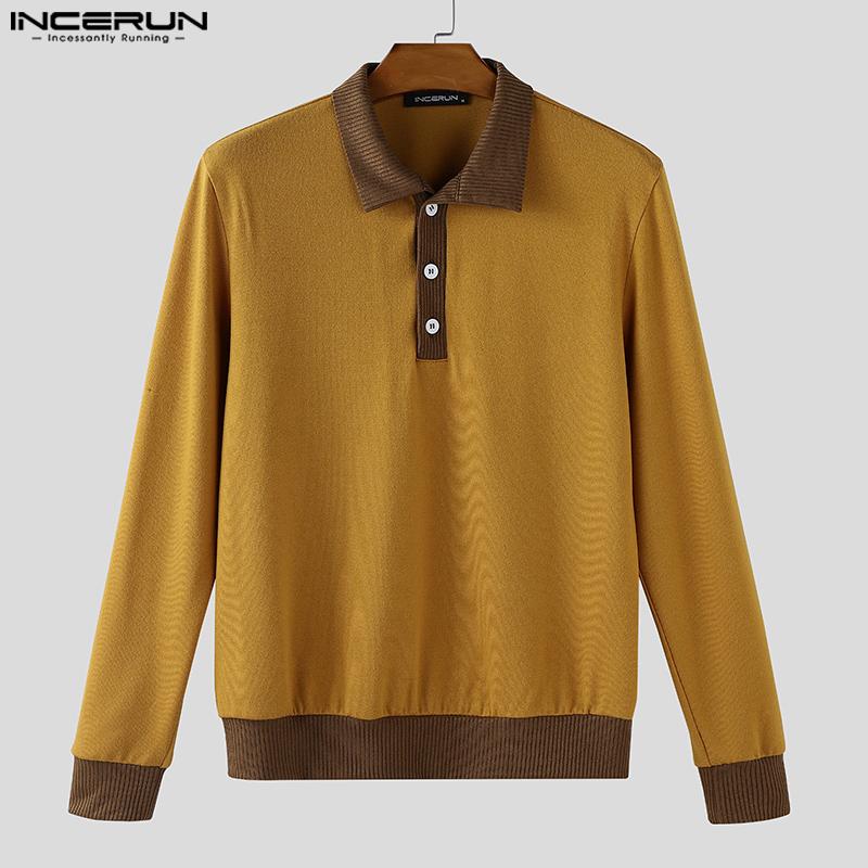 INCERUN Herbst Herren Reverskragen Langarm Rippen-Patchwork Lässige Lockere Pullover-Tops