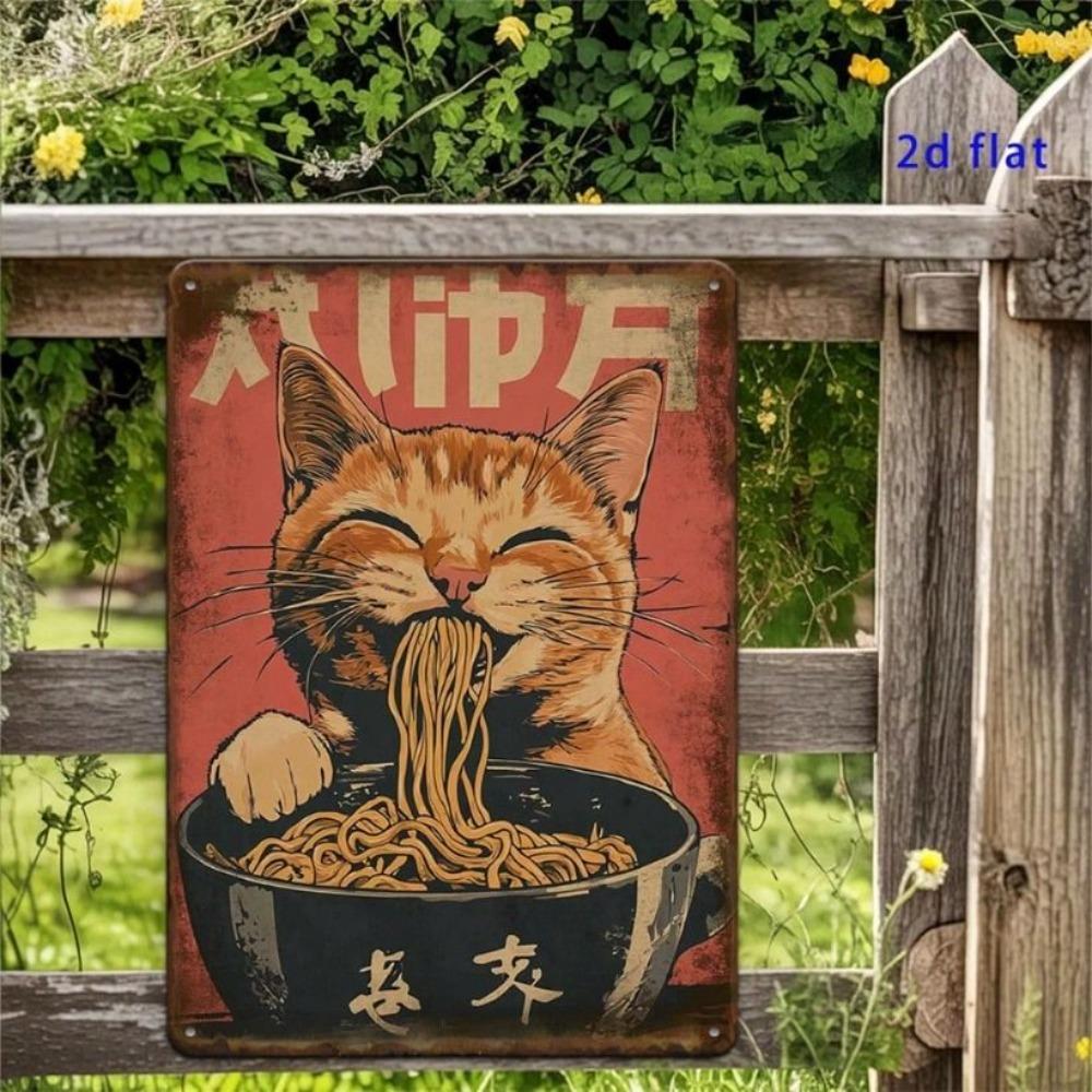 Vintage Metal Poster Wall Art Retro Cat Ramen Noodle Japanese Kitchen Decor