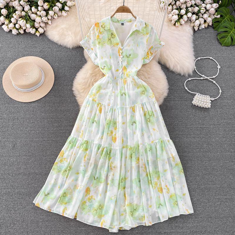 

French Style Retro Lapels A- line Floral Dress Short Sleeve Light green All yards