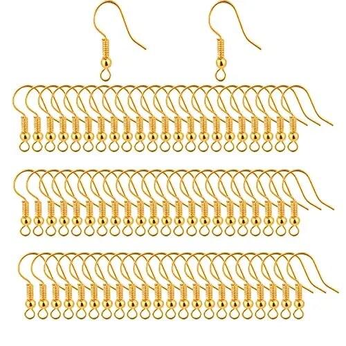 100Pcs Earring Hooks, Fish Hooks Ear Wires French Wire Hooks, Coil and Ball Style Nickel-Free Ear Wires for Jewelry Making золотой