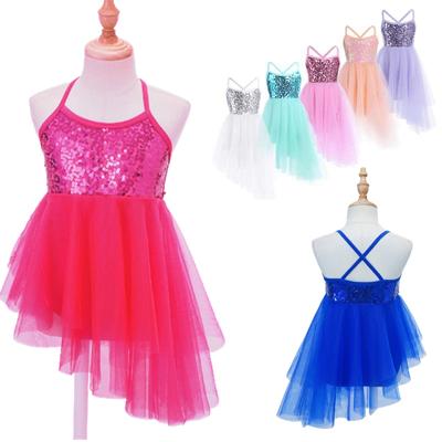 Kids Girls Gymnastic Leotard Ballet Tutu Dress Ballerina Sleeveless Sequins Tulle Lyrical Dance Costume