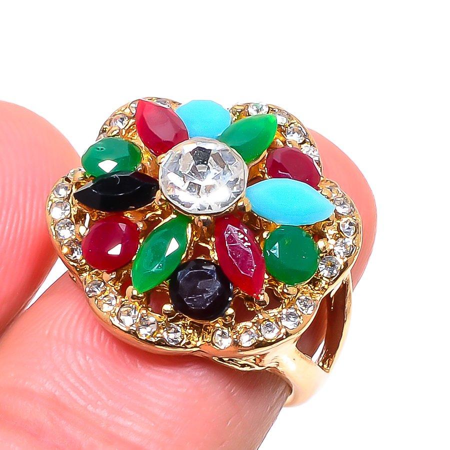 

Красный рубин, изумруд(Смоделированный) Подарочное ювелирное кольцо ручной работы с драгоценными камнями, размер 6,5 Q6Y29