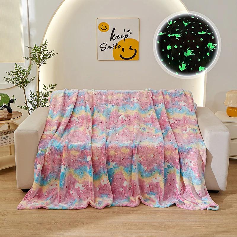 2025 new luminous rainbow unicorn pegasus star flannel blanket machine washable printing and dyeing blanket