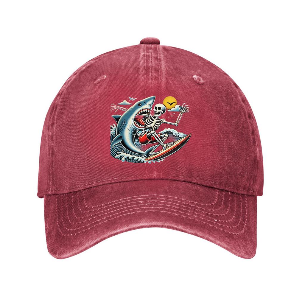 Surfing Skeleton Shark Print Baseball Cap Vintage Washed Cotton Casual Adjustable Dad Hat Outdoor Headwear