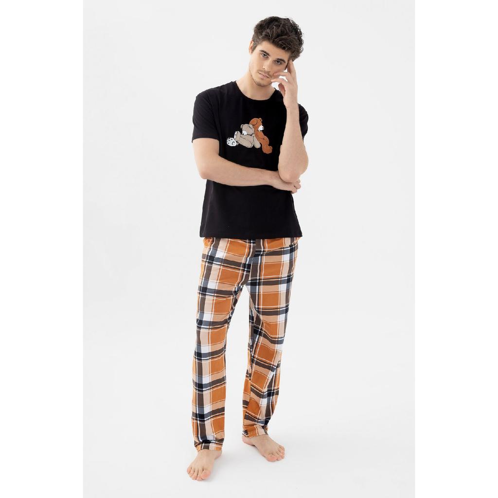 Men's Short Sleeve Cotton Plaid Patterned Teddy Bear Printed Pajama Set