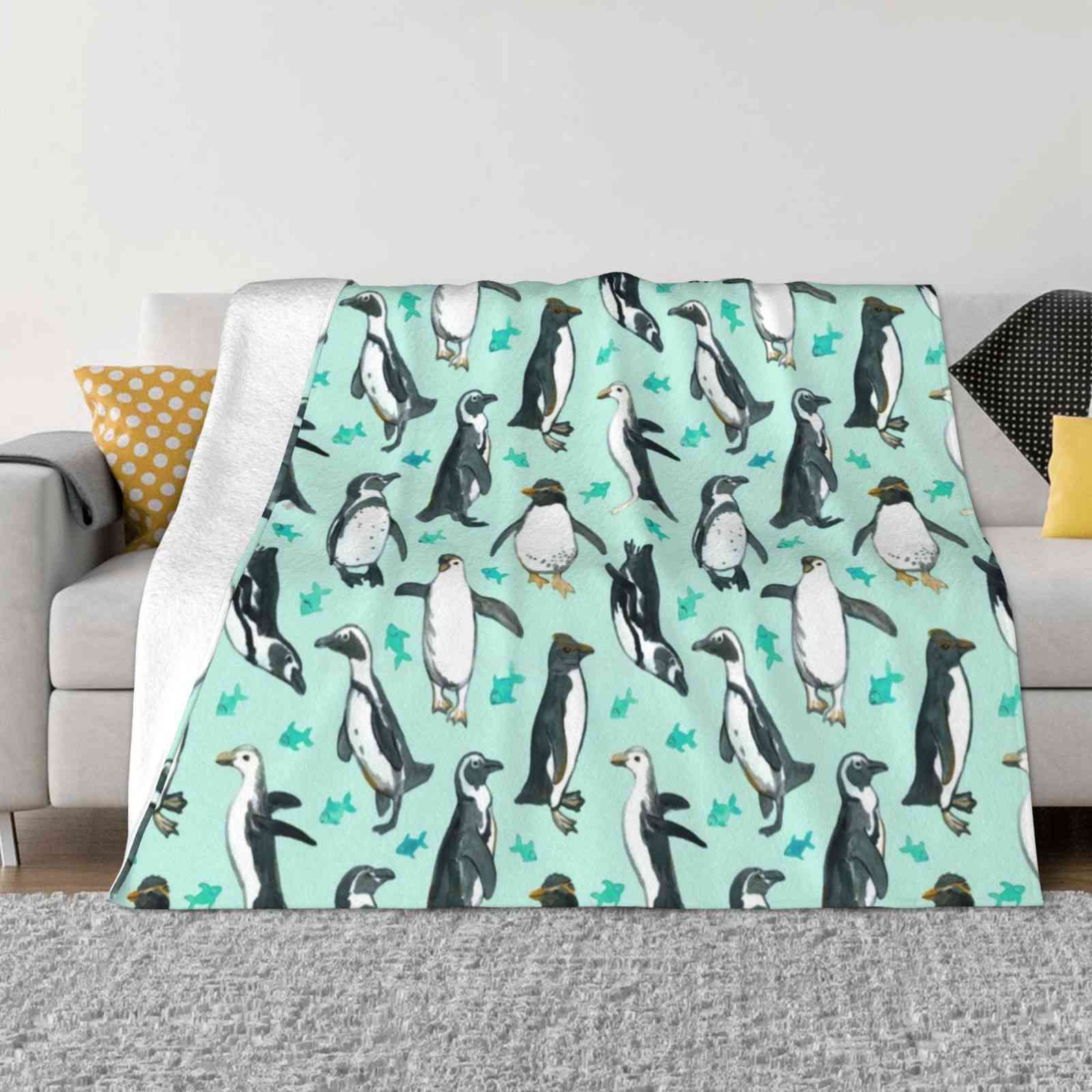 Lots Of Little Penguins On Mint Latest Super Soft Warm Light Thin Blanket Penguins Mint Green Fish Watercolor Pattern Cute 30x40in