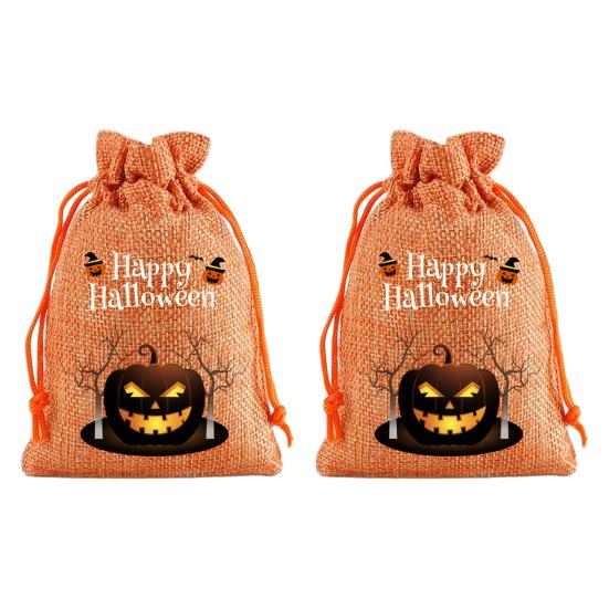 Handmade Style Party Bags 2Pcs Halloween Pumpkin Drawstring for Candy Treats, Retro Burlap Festival Totes Trick or Treat Bags, Portable Goodie