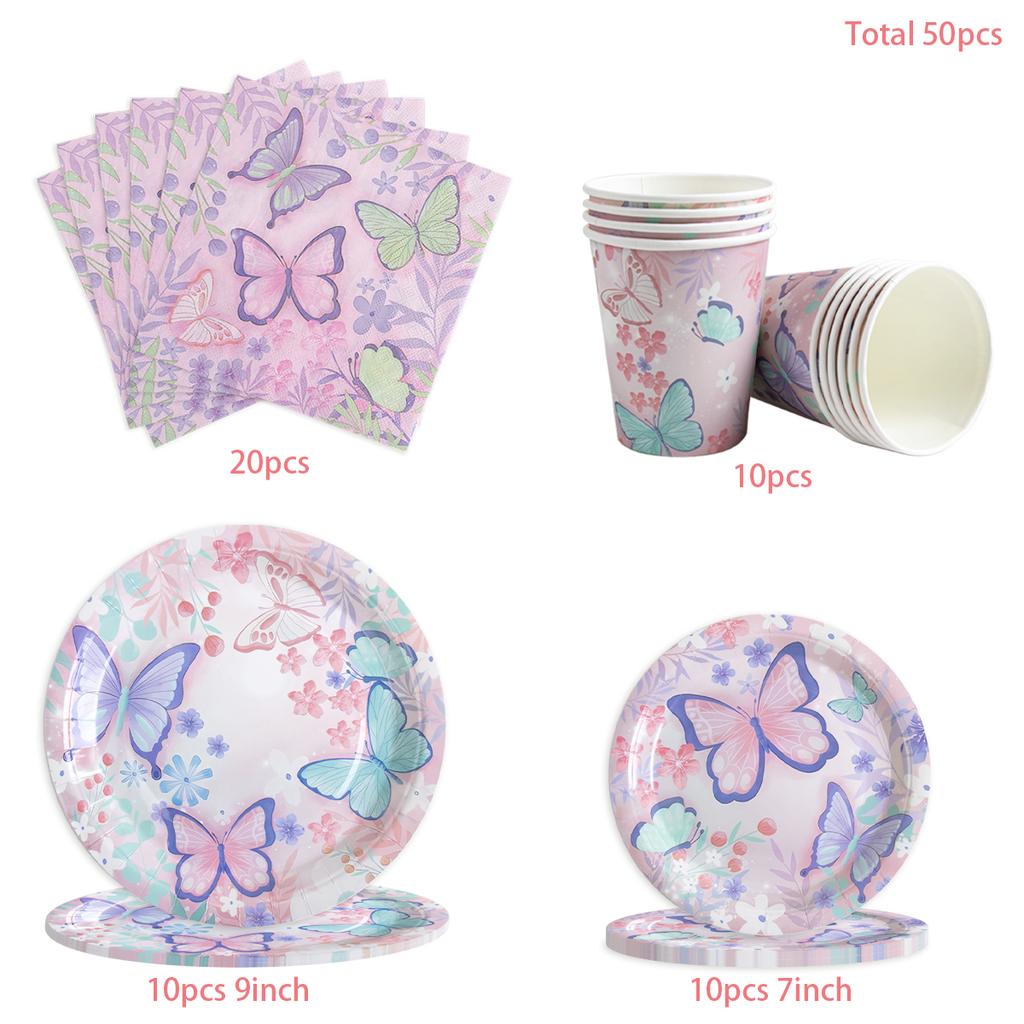 Butterfly Party Tableware Set  Butterfly Pattern Paper Plate Napkin Cup Disposable Tablecloth for Baby Shower Birthday Supplies