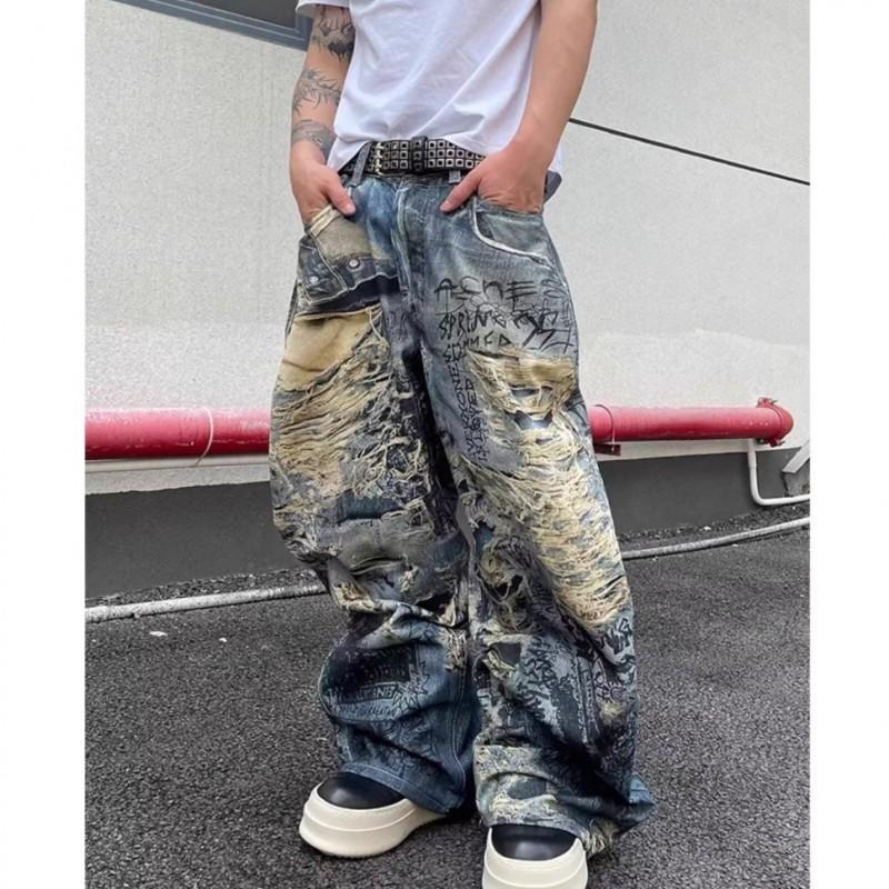 Unisex Distressed Ripped Denim Jeans With 3D Print Effect Loose Fit Casual Trousers Teens Adults