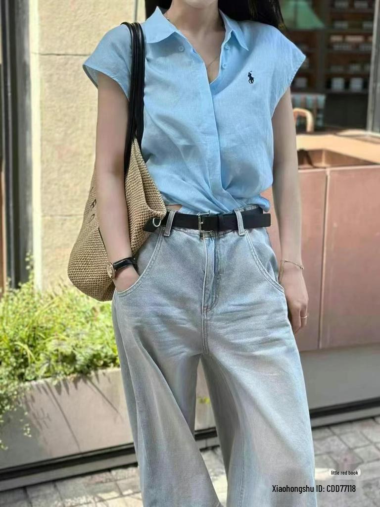 2025 Sommer Ralph RL Little Pony Besticktes Reines Leinen Göttinnen-Kurzarmhemd