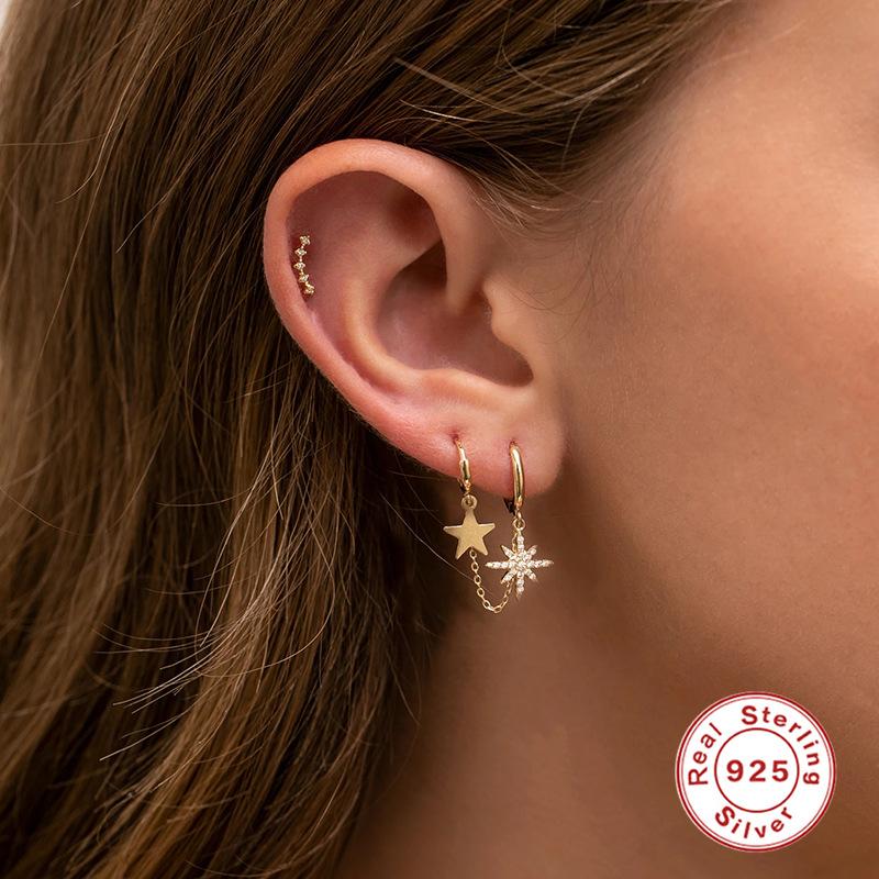 S925 Sterling Silver Mixed And Matched Chain Double Wear Stacked Wind Star Diamond Pendant Earrings Earrings