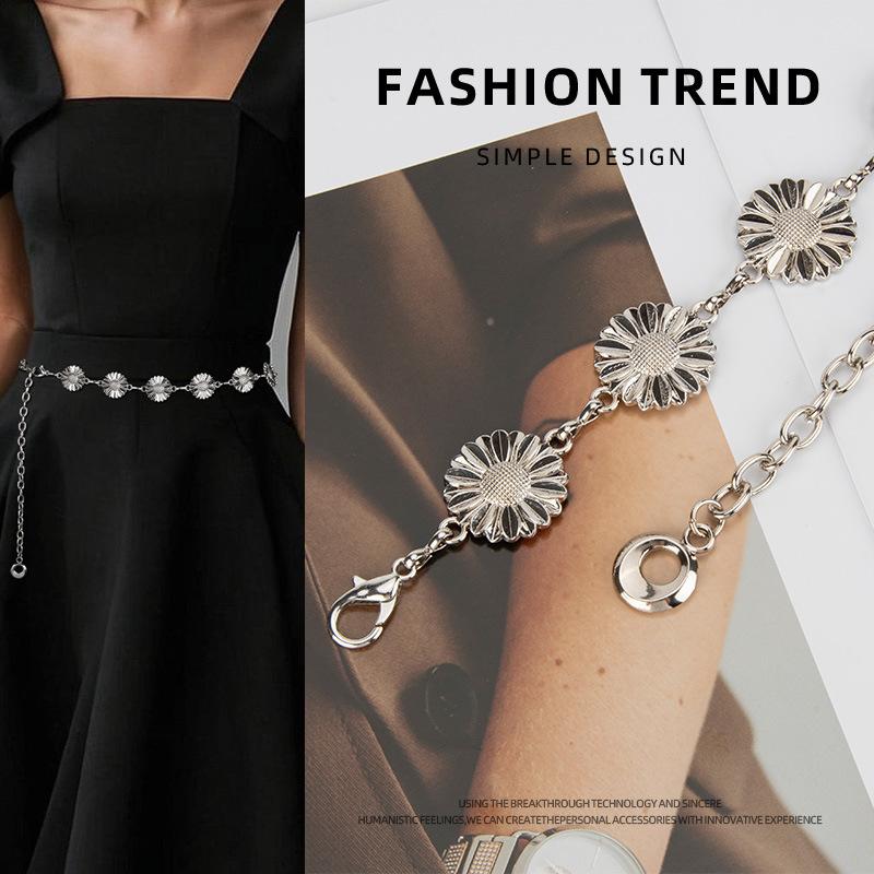 Light Luxury Niche Sunflower Metal Waist Decoration Women's Decorative Dress Silver Waist Chain High-end Women's Belt