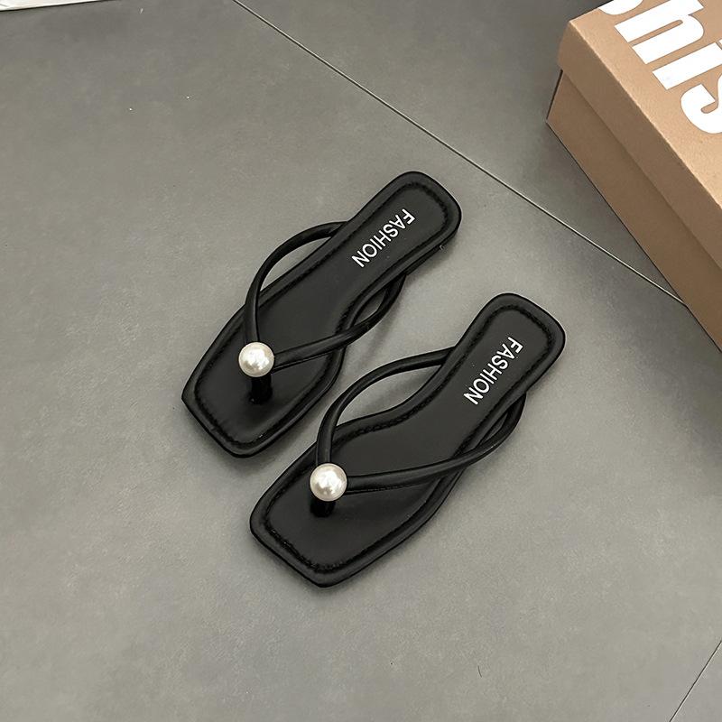 New Seaside Beach Shoes Korean Version of Women's Summer Fashion Flat Bottom Simple Solid Color Pearl Toe Flip-flops Shoes Versatile
