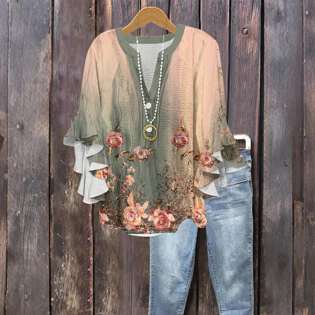 Women's Fashion Button V-Neck Ruffle Seven Sleeve Blouse Floral Printed Top