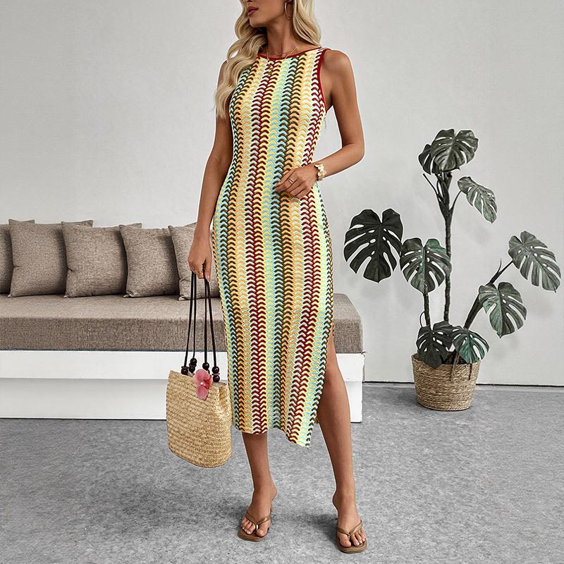 Women s Bodycon Midi Dress - Retro Wave Stripe Print High Slit Summer Dress, Round Neck Contrast Trim Party Dress S